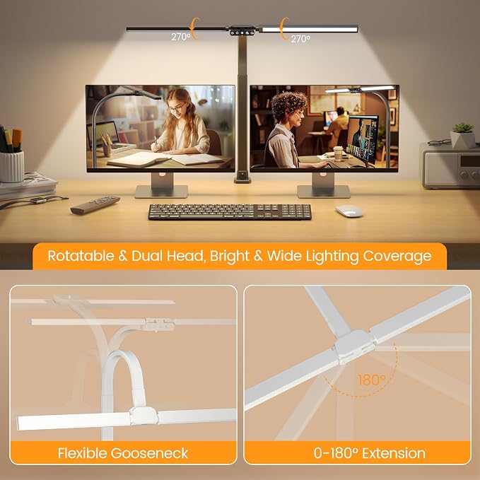 SIBRILLE Upgraded LED Desk Lamp for Home Office with RGB, Rotatable Computer Desk Light with Remote, Tall Table Lamp with Clamp for Working, Dimmable Dual Head Task Lighting for Monitor PC, 22W - Image 2