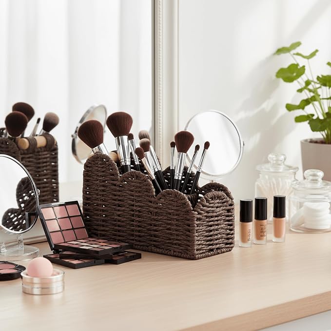 CubesLand Bedside Table Desk Organizer Caddy, Remote Pen&Pencil Holder Cup | Makeup Brush Holder w/Scalloped Perfect for Home, Office Desk, Living Room Table Decor, 3 Slots Brown - Image 6