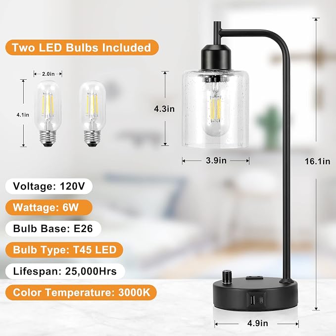 Industrial Bedside Lamps Set of 2, Fully Dimmable Desk Lamps for Bedroom | Glass Shade, USB C+A Charging Port & Outlet, Black Nightstand Table Lamps for Living Room, Office, Reading, Vintage - Image 2