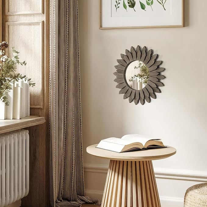 Honiway Farmhouse Wall Decor Mirror 12 inch Sunburst Boho Wood Mirror Rustic Home Decor Room Decoration for Bedroom Living Room Weathered Grey - Image 3
