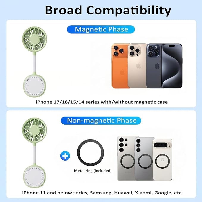 Portable Magnetic Phone Fan, Rechargeable Small Clip Fan & Phone Stand with Ultra-Wide Airflow, 3 Speeds, 360° Adjustable, Ideal for Beach, Stroller, Office, Desk & Outdoor Travel (Green) - Image 8