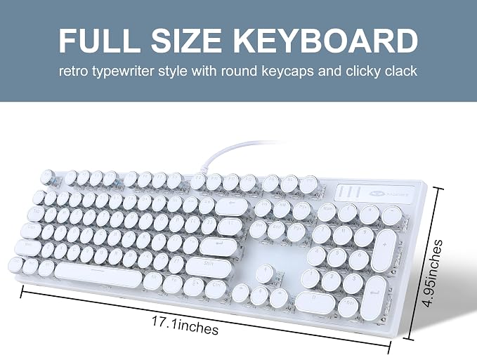 Camiysn Typewriter Style Mechanical Gaming Keyboard, White Retro Punk Gaming Keyboard with Blue Backlit, 104 Keys Blue Switch Wired Cute Keyboards, Round Keycaps for Windows/Mac/PC - Image 7