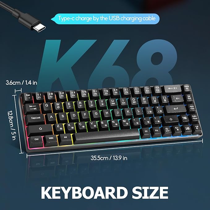 Guiheng Wired Portable 60% Mechanical Feeling Gaming Keyboard,RGB LED Backlit Compact 68 Keys Mini Wired Office Keyboard with Red Switch for Windows Laptop PC Mac - Black - Image 4