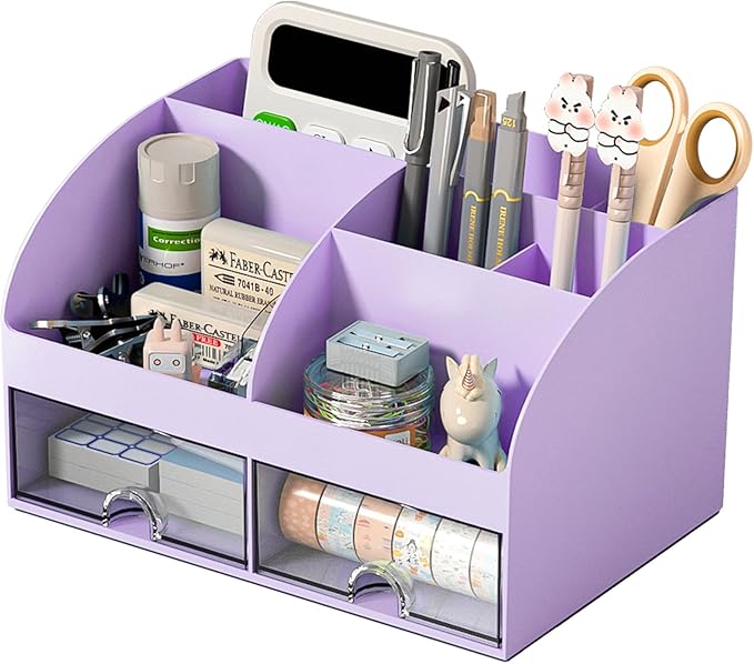 COMFYROOM Desk Organizer with 6 Compartments and 2 Drawers, Plastic Makeup Organizer, Pen Holder for Desktop Storage, Desk Organization for School, Home, Office Supplies (Purple) by COMFYROOM