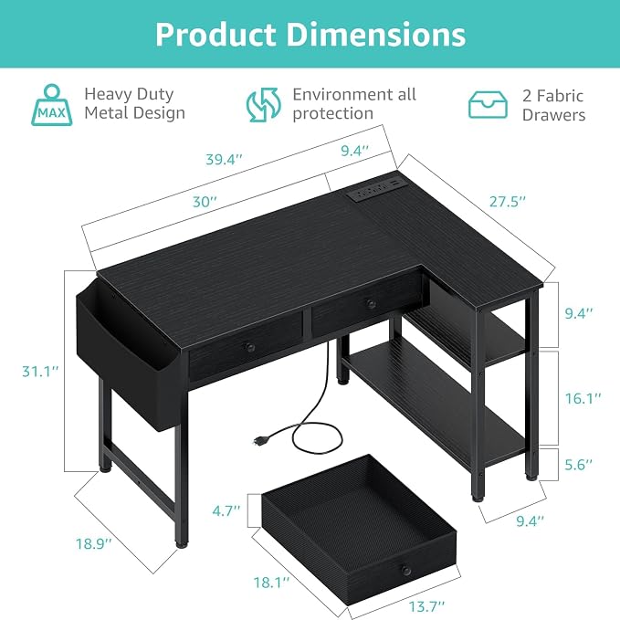 DLisiting Black Corner Desk for Small Space with Drawers, Reversible Gaming L Shaped Computer Desk with Storage Shelves for Boys, Corner Work Study PC Desks for Bedroom - Image 3