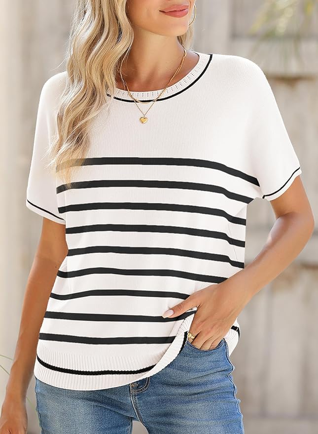 SHEWIN Womens Tops Trendy Short Sleeve Shirts Crewneck Lightweight Knit Sweater Top Business Casual Outfits - Image 2