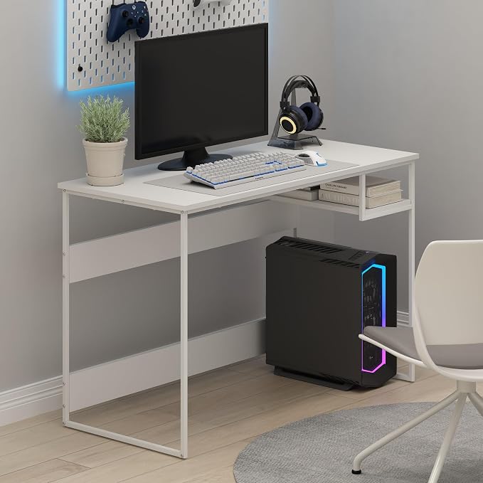 Furinno Moretti Desk, 45" Wide Metal Frame Gaming Desk with Open Shelf, Computer Desk, Writing Desk, Office Desk for Home Office, Study Room, Dorm, Bedroom, Solid White - Image 2