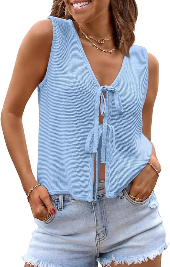 LILLUSORY Womens Tie Front Tops Vacation Sweater Vest | Bohemian Style, Beach Resort Wear, Concert Western Outfits, Crochet Tops, Vacation Outfits, Cute Y2k Sleeveless 2026 by Lillusory