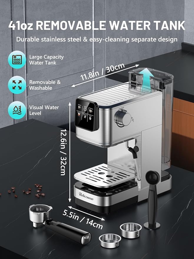 RELEXNOW Espresso Machine, 20 Bar Espresso Maker Milk Frother & LCD Panel, Hot & Iced Coffee Machine, Stainless Steel Espresso Coffee Machine with 41oz Water Tank for Cappuccino, Latte - Image 7