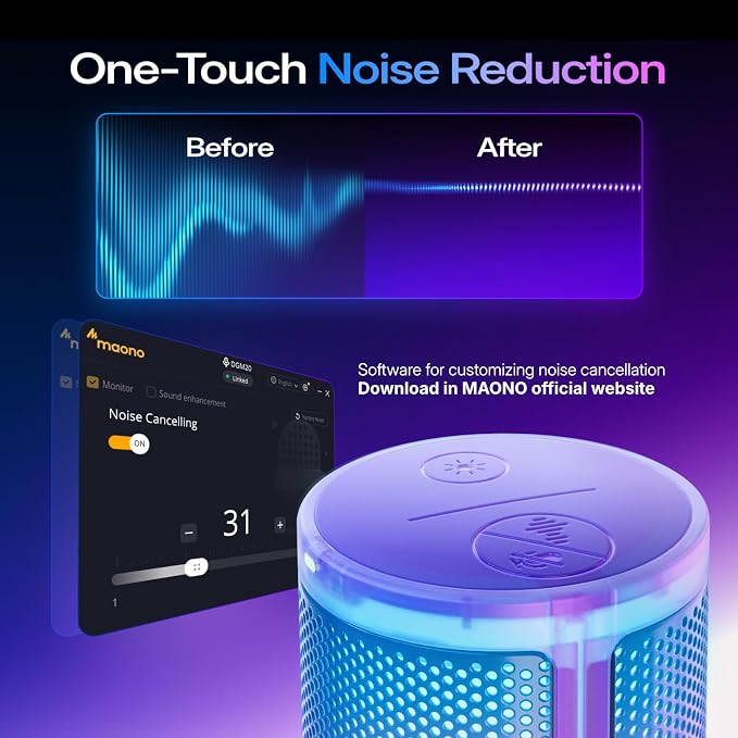 MAONO DGM20S USB Microphone for PC with Clear Voice & Noise Reduction | RGB Lighting, Tap-to-Mute, Gain Control, Monitoring and Boom Arm for Discord Gaming, Streaming, Content Creation.Purple - Image 3