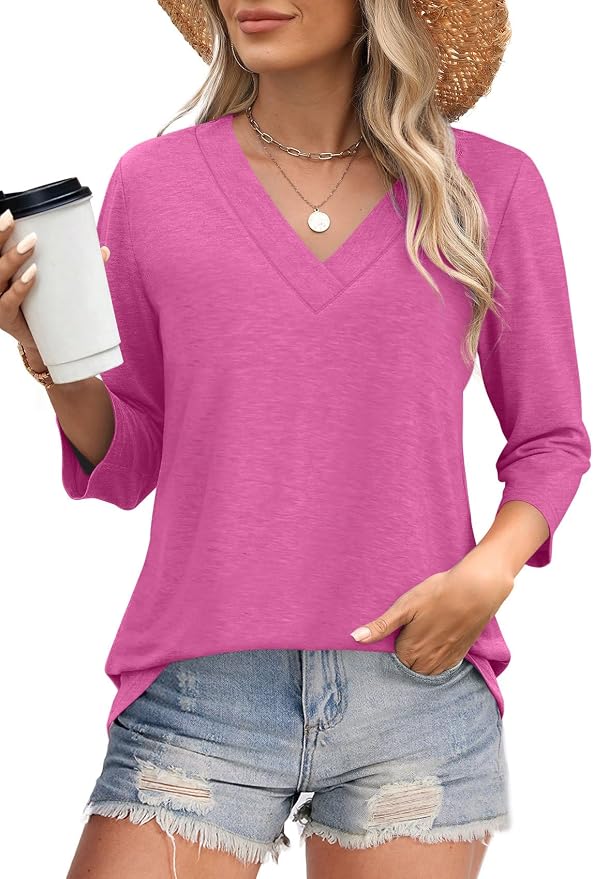 WIHOLL Womens Tops 3/4 Length Sleeve V Neck Casual Tunic Tops Basic Shirts Loose Fit Blouse - Image 2
