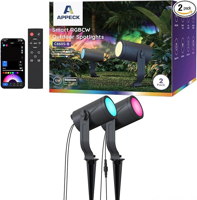 APPECK Smart Landscape Lighting Kit 12W, 2 Pack Outdoor Spot Lights RGBCW | Color Changing Landscape Lights, White Adjustable, for Garden Pathway Yard, Daily Holiday Decor, App/Remote/Voice Control by APPECK