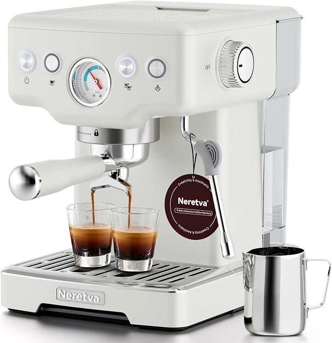 Neretva Stainless Steel Espresso Machine with Visible Pressure Guage-White | 15 Bar Professional Espresso Maker with Powerful Milk Frother and LED Display for Home Baristas to Make Latte, Cappuccino by CreativelyAesthetic