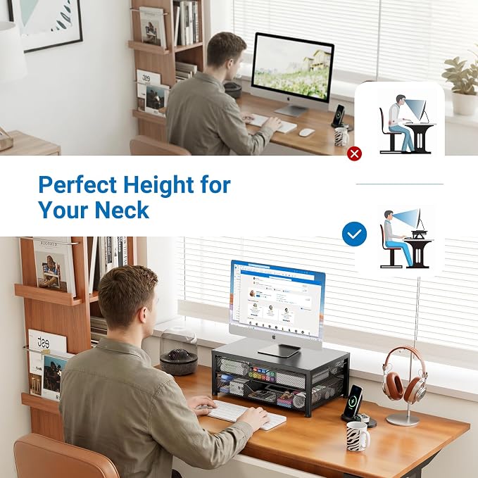 OPNICE Computer Monitor Stand Riser, Desk Organizer with Drawer, Printer & Laptop Stand, Office Desk Accessories & Workspace Desktop Organizers Storage for Office Supplies(Black with 2 drawers) - Image 3