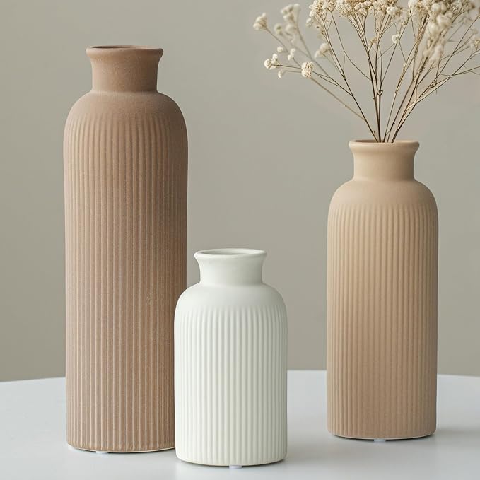 Modern Ceramic Vase Set, Earth Tone Natural Color Ribbed Matte Design, 3-Piece Decorative Vases for Home, Living Room, Office (Coffee Mix) - Image 8