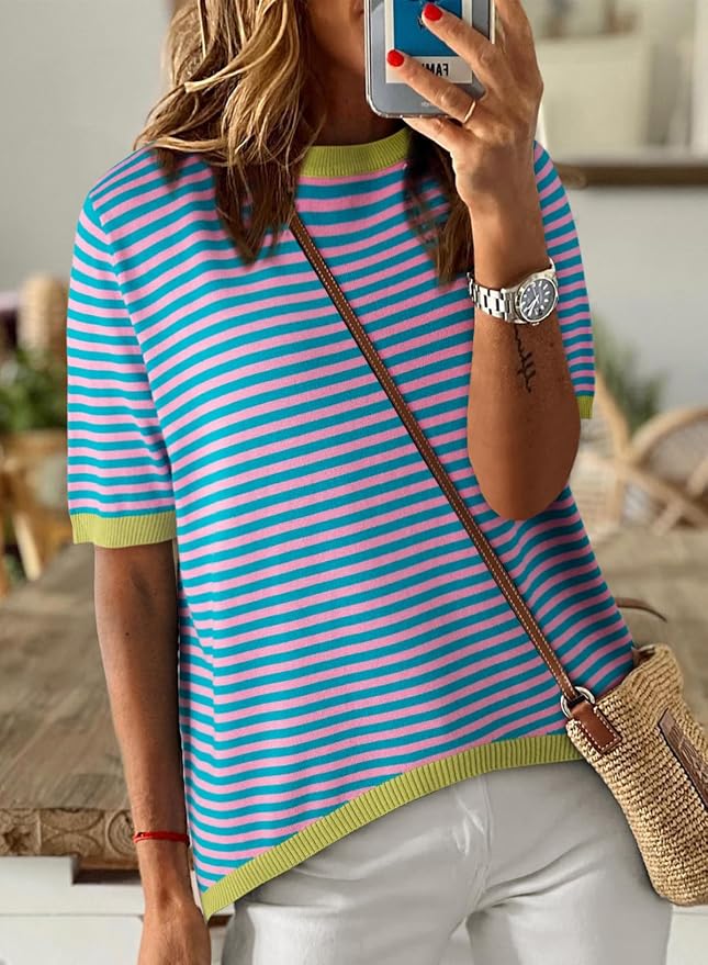 Dokotoo Womens Tops 2026 Casual Summer Crewneck Short Sleeve Striped Color Block Knit High Low Trendy Pullover Sweaters - Image 2