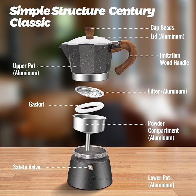 3 Cup Aluminum Moka Pot Classic Stovetop Espresso Coffee Maker 150ml 5oz Coffeemaker Percolator Mocha Pot Greca Coffee Maker Cafe Makers for Italian and Cuban Café Brewing Gray - Image 3
