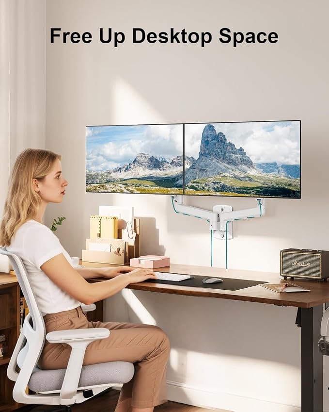 MOUNT PRO Dual Monitor Wall Mount for 13 to 32 Inch Computer Screens, Gas Spring Wall Monitor Arm for 2 Monitors, Each Holds Up to 19.8lbs, Adjustable Wall Monitor Mount with VESA 75x75/100x100, White - Image 7
