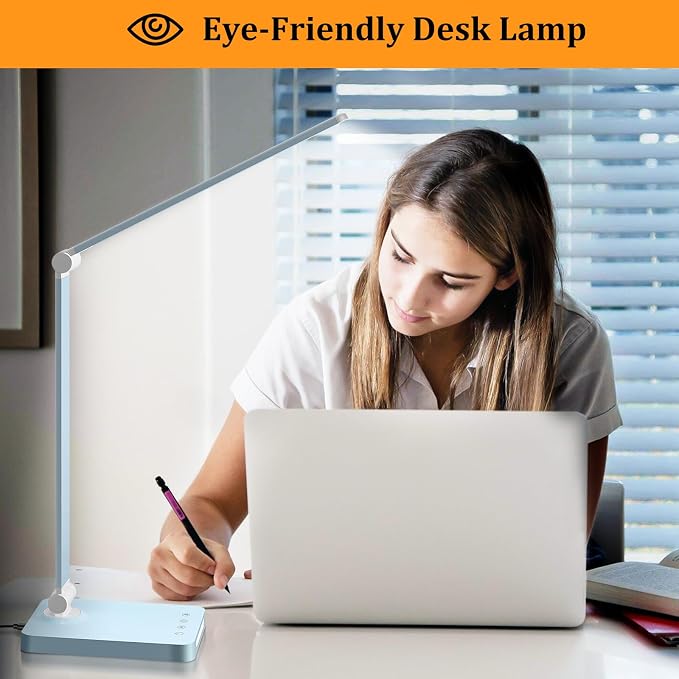 LED Desk Lamp with USB Ports,Touch Desk Lamps for Home Office with 5 Modes | 3 Brightness Desk Light with Small Night Light,Reading Lamp Table Lamp for Bedroom Bedside Study Blue （with adapter） - Image 5