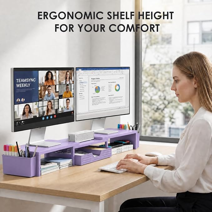 OPNICE Desk Organizers and Accessories, Dual Computer Monitor Stand Riser with Drawer and 2 Pen Holders, Office Desk Accessories, Workspace Desktop Organization for Office Supplies (Purple Metal ) - Image 2
