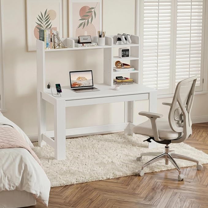 WINAZ White Desk with Hutch and Power Outlet, 43 Inch Small Space Computer Writing Desk with Storage Shelves, Modern Home Office Workstation for Bedroom Dorm - Image 6