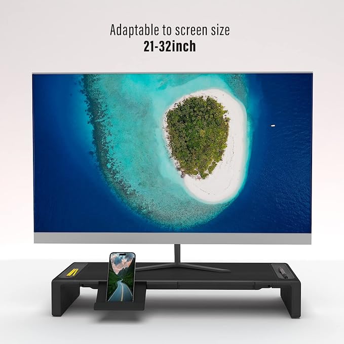 OImaster Adjustable Monitor Stand Riser with Drawer - Foldable Computer Stand for Desk, Desktop Organizer with Phone Holder & Pen Slot, Space Saving Laptop Riser for Home Office, Black - Image 5