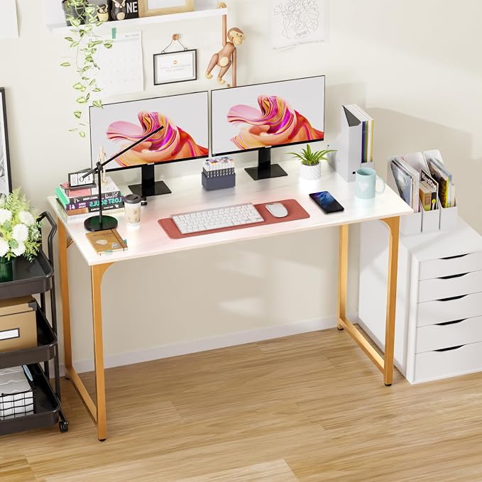 PayLessHere | 47 Inch Computer Desk | White Gold | Sturdy Office Desk | Metal Frame, Adjustable Feet | Water-Resistant, Scratchproof Surface | Writing Table for Home Office or Study | Pack of 1 - Image 4