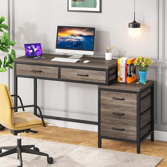 Tribesigns Computer Desk with 5 Drawers, Reversible Home Office Desks | Small Desk with Drawer Cabinet Printer Stand, PC Desk with Storage, Grey Study Writing Table Workstation for Small Spaces - Image 5