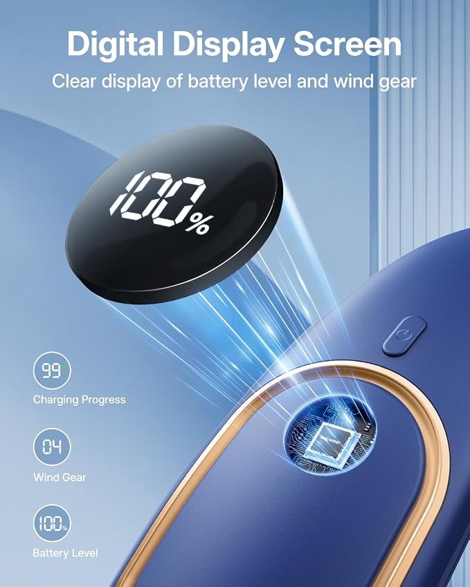 SHEWIND Portable Neck Fan - Hands Free Personal Fan, Rechargeable Bladeless Fan with 5000mAh-Battery, Digital Display, 4 Speeds, Birthday Gifts for Men, Women, Mom, and Dad - Blue - Image 6