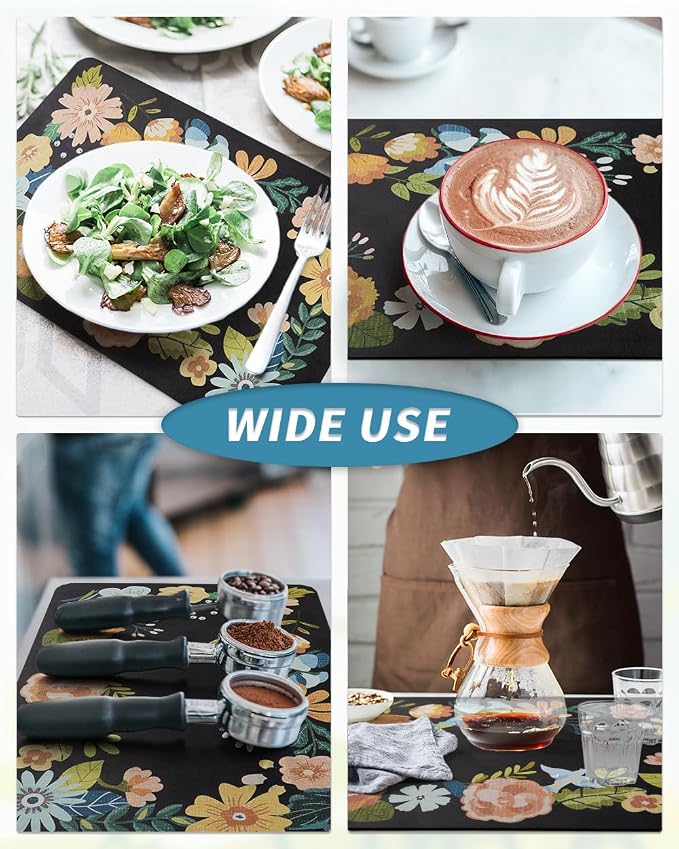 AMOAMI Coffee Mat Hide Stain Rubber Backed Absorbent Dish Drying Mat for Kitchen Counter - Bar Accessories Fit Under Coffee Maker, Espresso Machine, Dish Rack - Floral Black 12x19 - Image 6