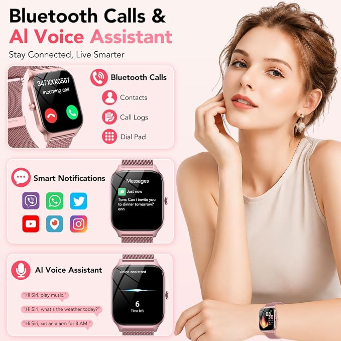 Smart Watch for Women, Answer/Make Call/AI Voice,1.85" HD Smartwatch for iPhone/Samsung/Android, 120+ Sport Modes Fitness Tracker with Heart Rate/Sleep Monitor,IP68 Waterproof (2 Bands) - Image 2