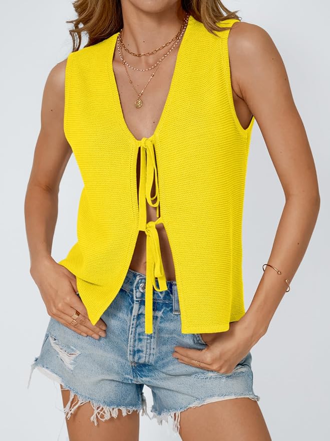 LILLUSORY Womens Tie Front Tops Vacation Sweater Vest | Bohemian Style, Beach Resort Wear, Concert Western Outfits, Crochet Tops, Vacation Outfits, Cute Y2k Sleeveless 2026 - Image 2