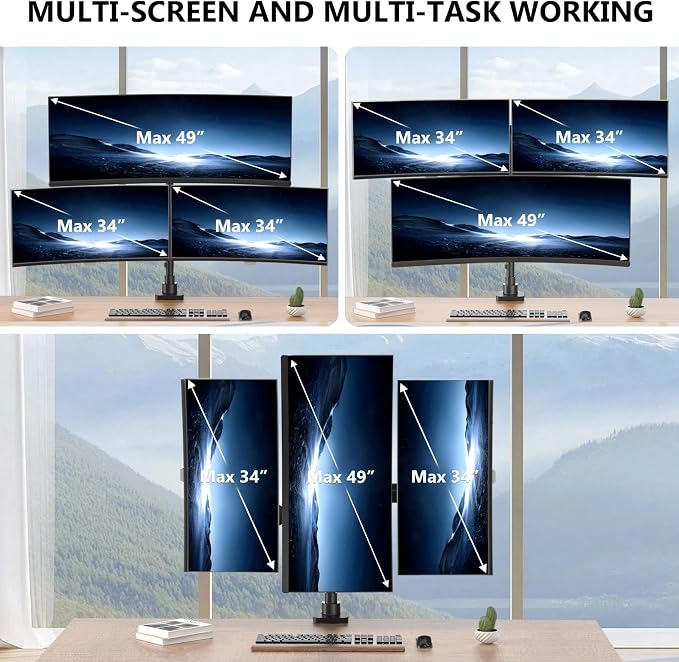 WALI Triple Monitor Mount, up to 49'' Ultrawides on Top Bracket and 34'' Screens on Side Brackets, Extra Tall 3 Monitors Desk Mount, Heavy Duty Monitor Arm up to 44 lbs (GSDM003N-P), Black - Image 7