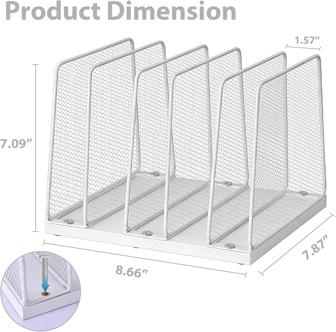 LEKETREE Small Desk File Organizer, 5-Section Upright File Sorter, Vertical File Folder Holder, Mesh Metal Wood Office Desktop Organization for Document, Magazine, Books and more (White) - Image 6