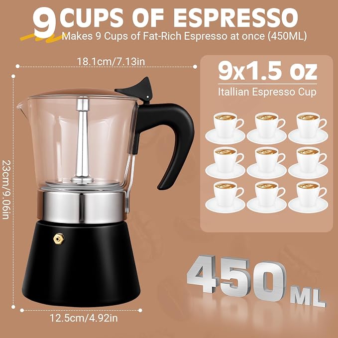 9 Cup 450ml Glass Moka Pot, Stovetop Espresso Maker, Black | Crystal Glass-top & Stainless Steel Coffee Maker, Induction Compatible, for Greca de Cafe, Cuban and Italian Coffee Brewing - Image 5