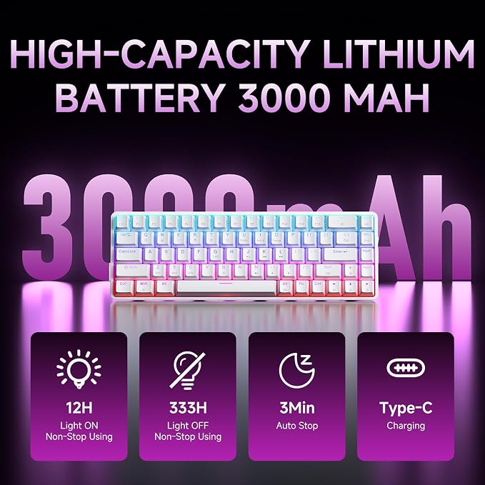 DIERYA DK68 60% Wireless Mechanical Gaming Keyboard, 3-Mode, Bluetooth 5.0/2.4G/USB-C, RGB Backlit, 68-Key Compact Mini for Windows, Mac, Linux - Linear Red Switch - White - Image 5