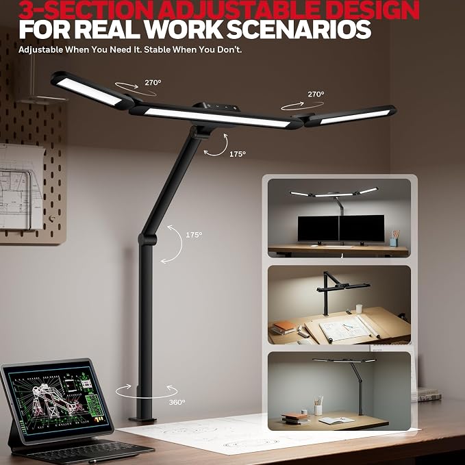 Honeywell Wide Desk Lamp with Clamp for Dual Monitors, 22W Full-Spectrum Eye-Caring LED Desk Lamp for Home Office, 3-Section Adjustable Architect Light for Large Desk, Stepless Dimming, 3000K-5700K - Image 4