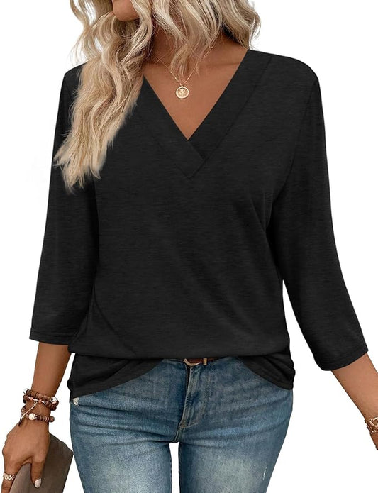 WIHOLL Womens Tops 3/4 Length Sleeve V Neck Casual Tunic Tops Basic Shirts Loose Fit Blouse by WIHOLL