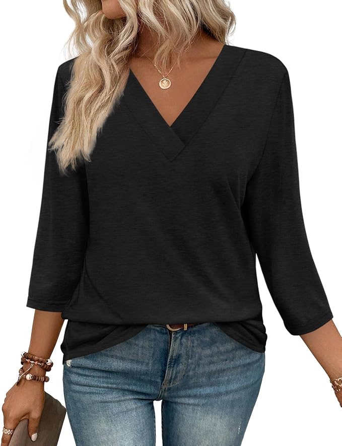 WIHOLL Womens Tops 3/4 Length Sleeve V Neck Casual Tunic Tops Basic Shirts Loose Fit Blouse by WIHOLL
