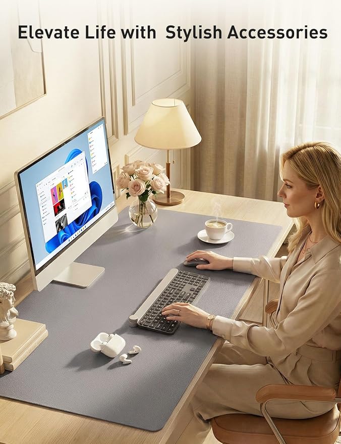 Aothia Faux Leather Desk Mat - Non-Slip PU Leather Desk Blotter, Waterproof Writing Surface, Large Desk Pad for Office & Home (Light Grey, 55" x 24") - Image 7