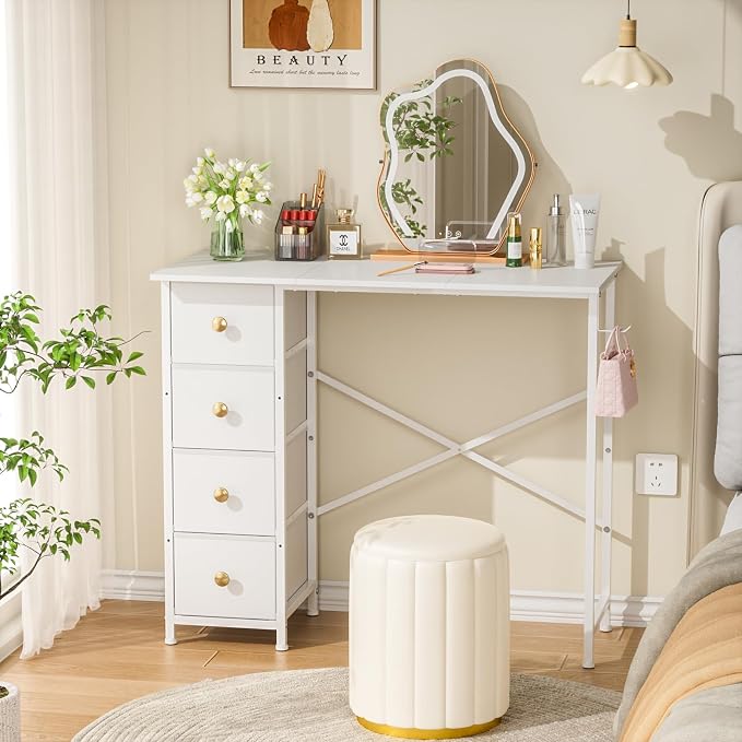 Small White Desk with Drawers for Bedroom, 35.4 Inch Kids Girls Teens Student Writing Desk with Storage, Reversible Study Table, White Computer Desk for Home Office, Makeup Vanity Desk for Small Space - Image 5