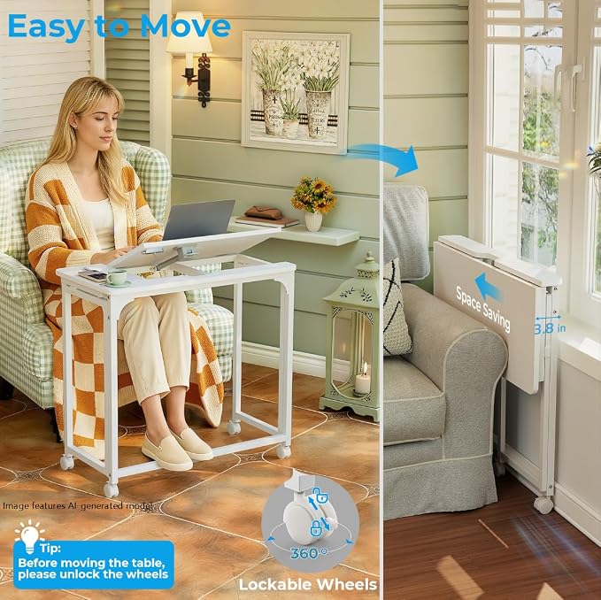 GreenForest Portable Folding Desk with Wheels, 31.5 inch Adjustable Tilt | Drafting Table Workstation for Small Spaces, Home Office, Drawing & Craft Projects，White - Image 6