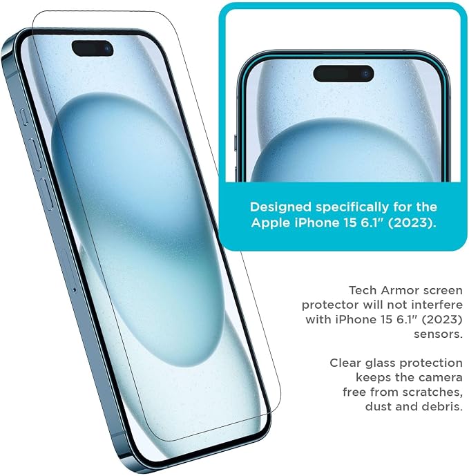 Tech Armor for Apple iPhone 15 Screen Protector Glass 6.1 inch - Ballistic Tempered, Case Friendly, Easy Install, Sensor Protection, HD, 9H Hardness, 3 Pack + Bonus Camera Lens Protectors - Image 4
