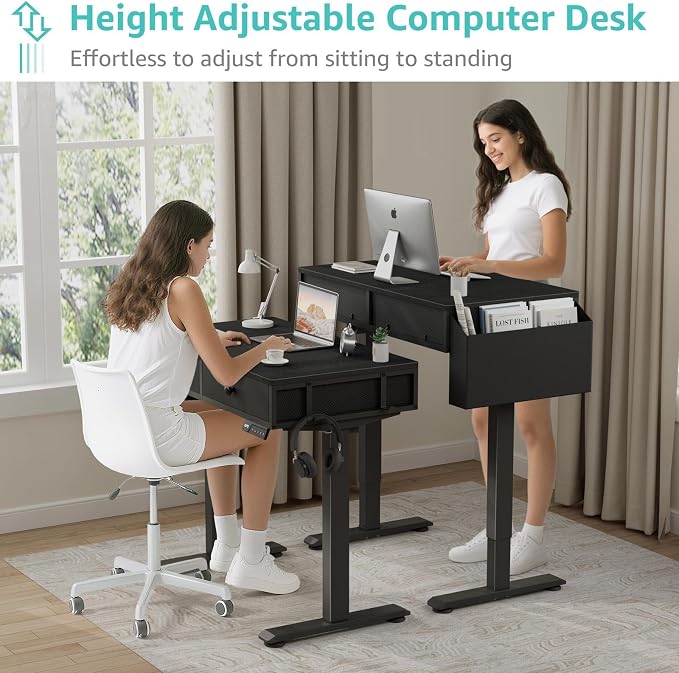 KLUVIS Electric Standing Desk with Drawers - 32 Inch Small Black Height Adjustable Sit Stand Desk with Storage for Home Office Bedroom, Study Writing Compact Stand up Computer Desks for Boys Girl Work - Image 4