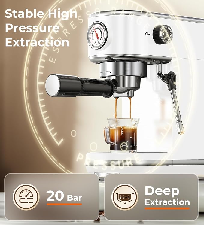atatix 20 Bar Espresso Machine with Milk Frother, Compact Espresso Maker | Stainless Steel Coffee Machine with Precise Temp Control, 44oz Removable Water Tank for Latte, Cappuccino, White - Image 4