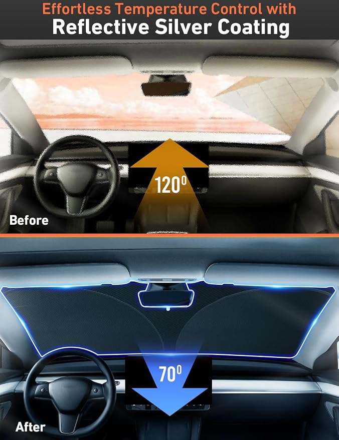 EcoNour Windshield Sun Shade Compatible for Tesla Model 3 & Model Y Juniper 2017-2024 2025 2026, Sun Visor for EV Front Window Sunshade, Foldable Heat & UV Protector, Car Accessories - Image 5
