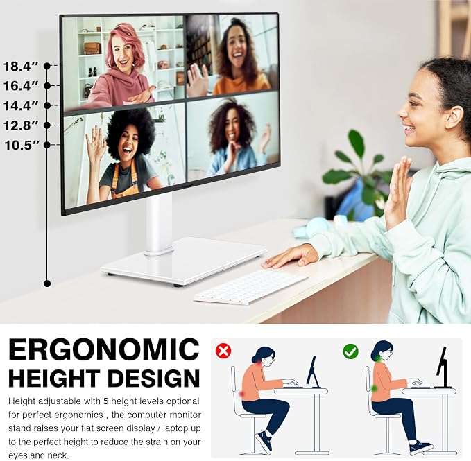 TAVR Furniture Single Monitor Stand VESA Mount for 13-32 Inch Screens | Free-Standing Monitor Riser with Swivel Tilt Rotation Height Adjustable, Universal Desk Stand up to 44lbs, White - Image 3
