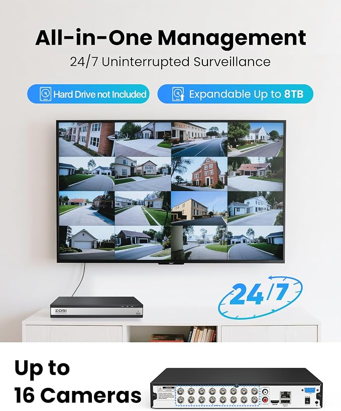 ZOSI H.265+ 1080P FHD 16 Channel DVR for Home Security Camera System with AI Human Vehicle Detection, Hybrid 4-in-1(Analog/AHD/TVI/CVI) Surveillance CCTV DVR Recorder, Remote Access, Email Alarm - Image 6