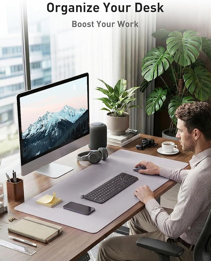 Aothia Faux Leather Desk Mat - Non-Slip PU Leather Desk Blotter, Waterproof Writing Surface, Large Desk Pad for Office & Home (Smoky Lavender, 55" x 17") - Image 3
