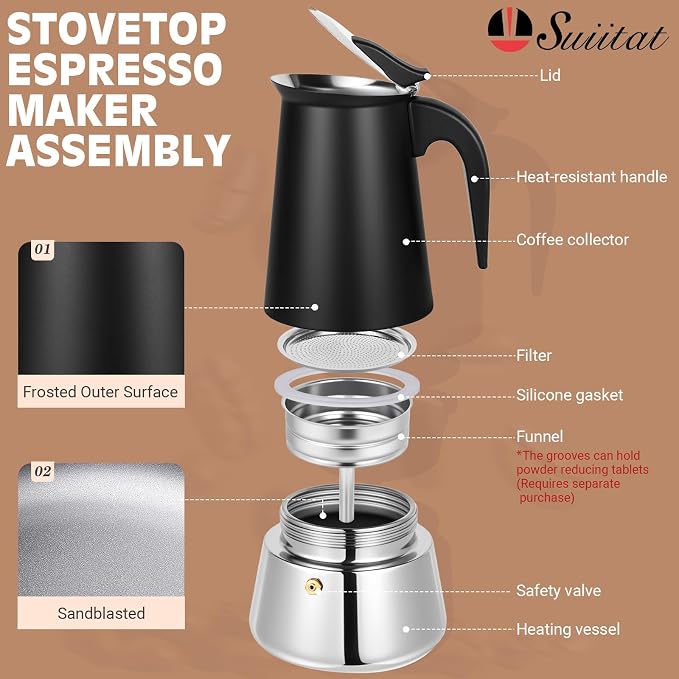 4 Cup Stainless Steel Moka Pot, 200ml Stovetop Espresso Maker, Black - Image 2
